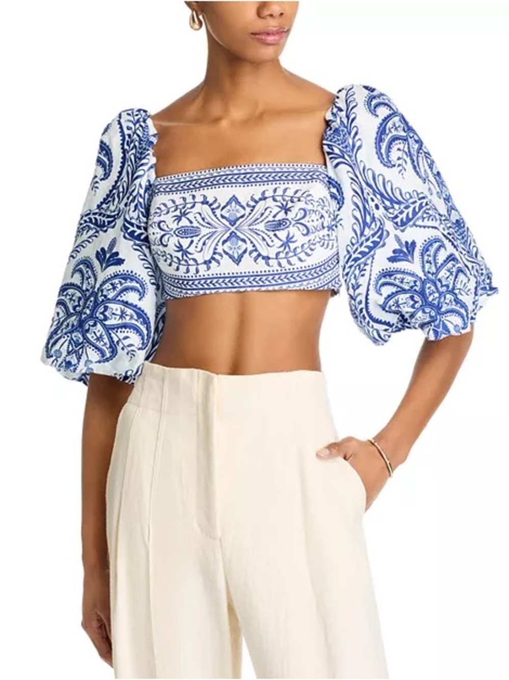 Farm Rio: Linen Balloon Sleeve Cropped Top